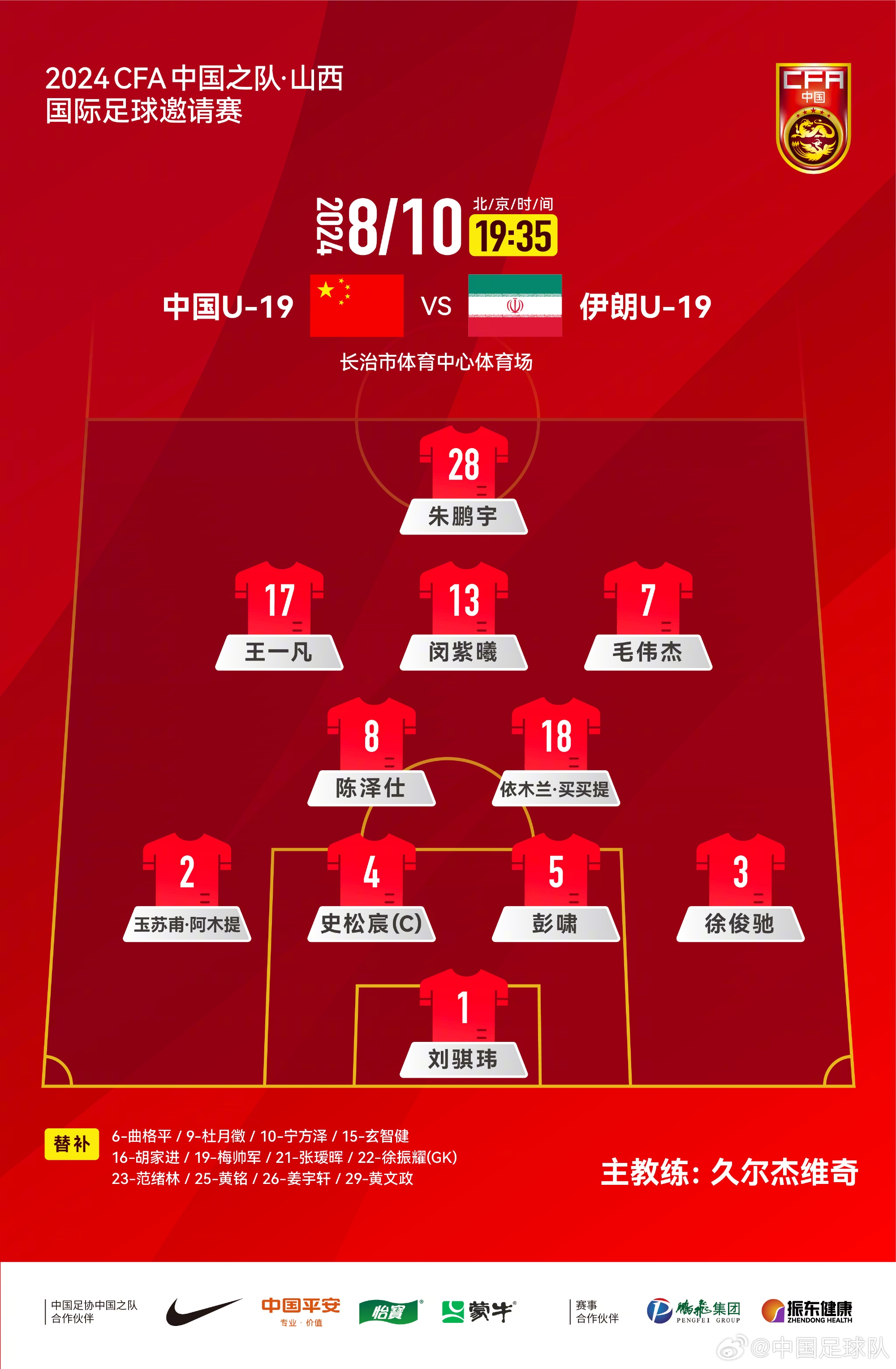 中国U-19 vs伊朗U-19，中国队首发名单出炉！